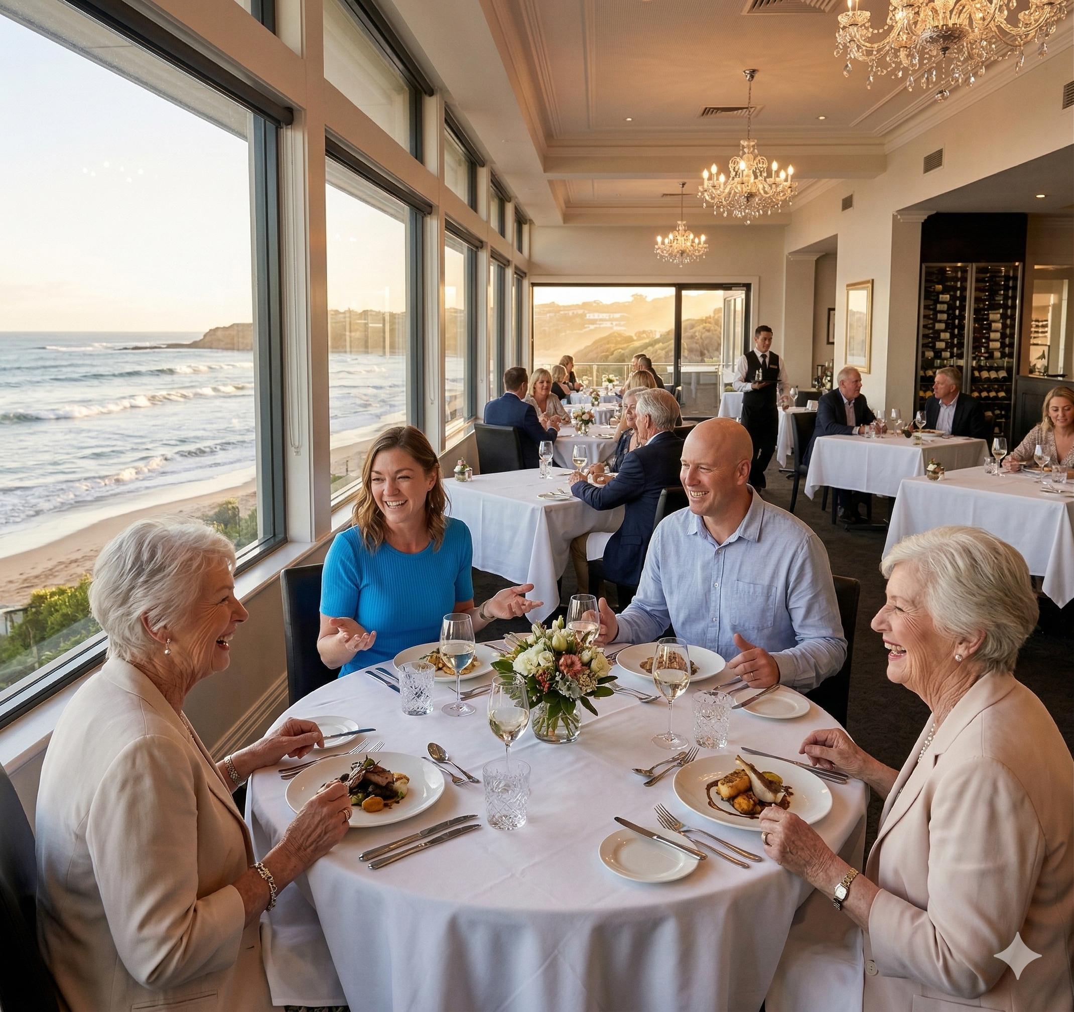 Raphael and Saskia enjoying a seaside dinner with clients
