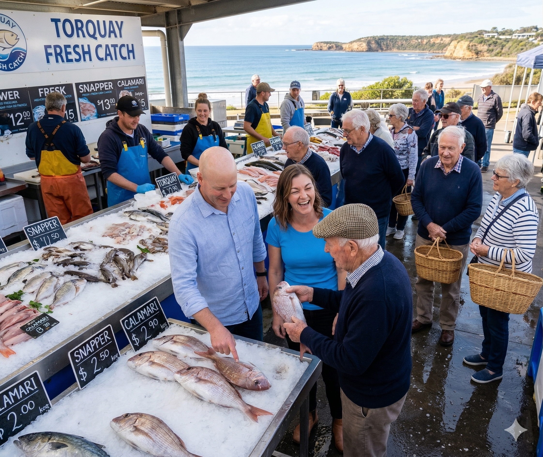 Raphael and Saskia shopping at the Torquay fish market with clients