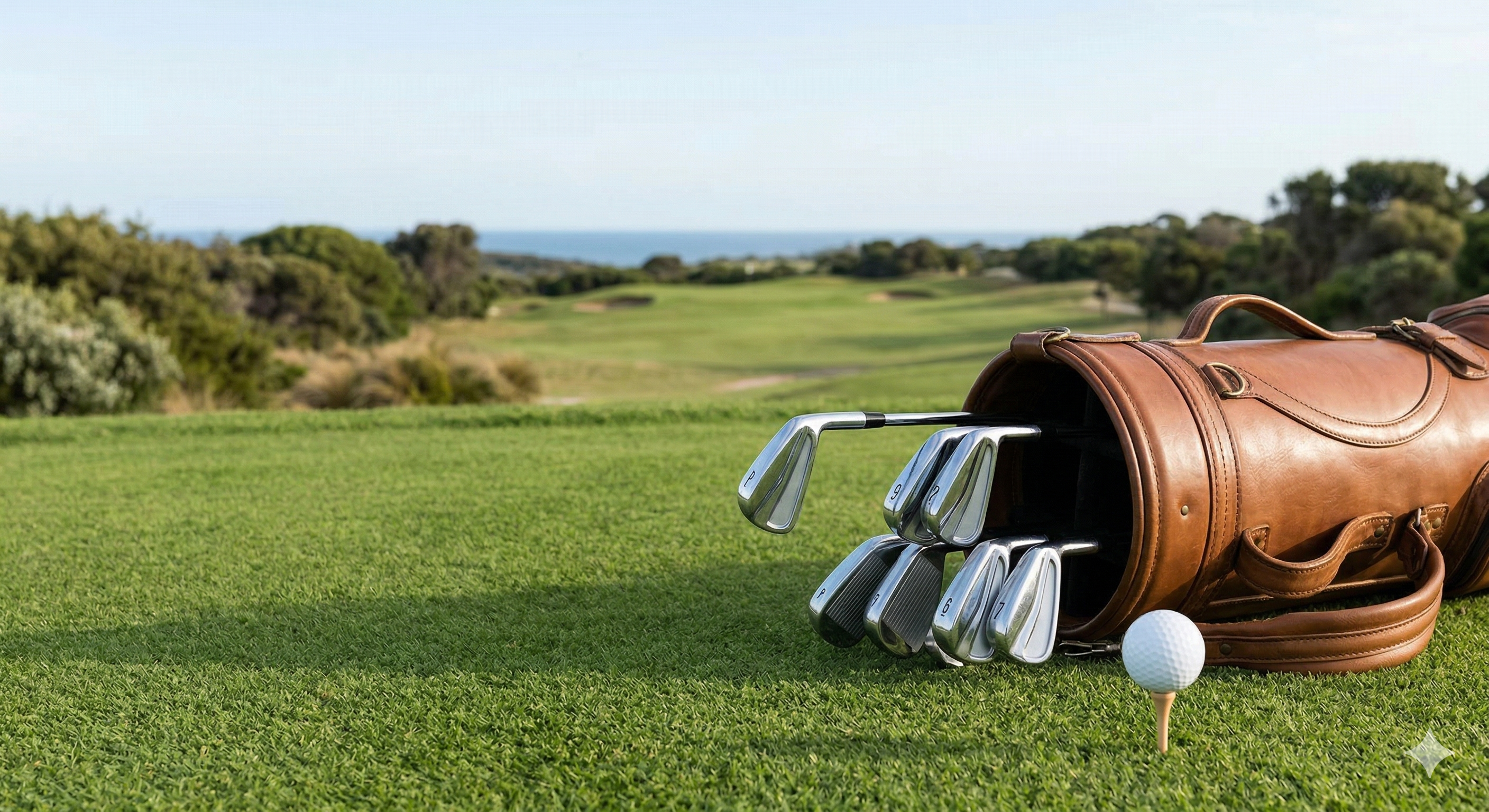 Golf clubs on a coastal course overlooking the ocean